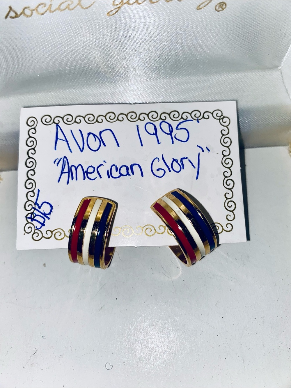 Avon Gold-Tone Hoop Earrings with Red, White & Blue Enamel Stripes